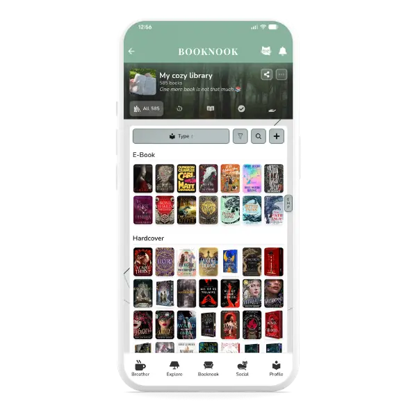 Écran de bibliothèque de Booknook, montrant des centaines de livres regroupés par format.
