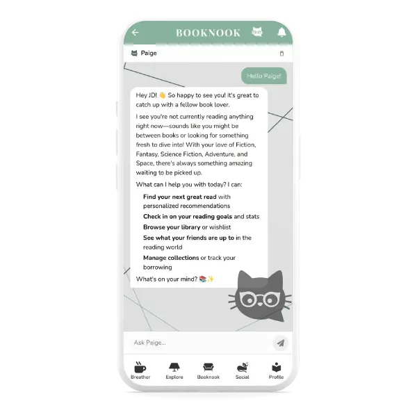 Conversation avec Paige, l'assistante de lecture de Booknook.